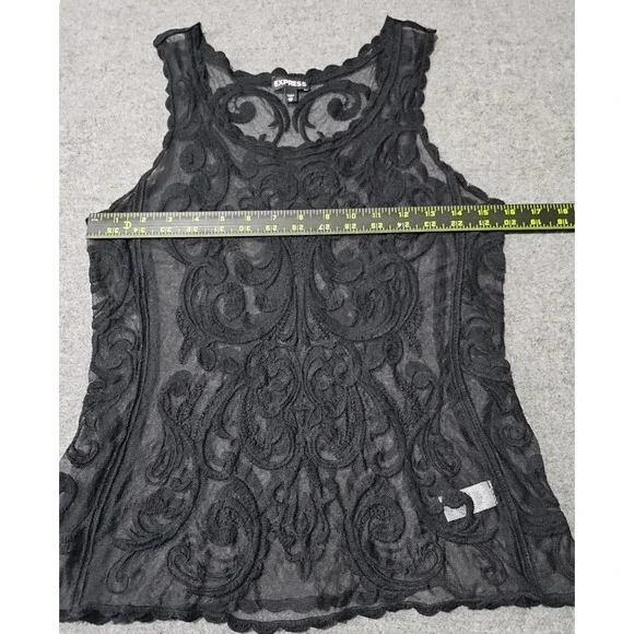 Express Black Sheer Lace Tank Top Women's Size XS Gothic Boho Embroidered Mesh - Picture 5 of 7